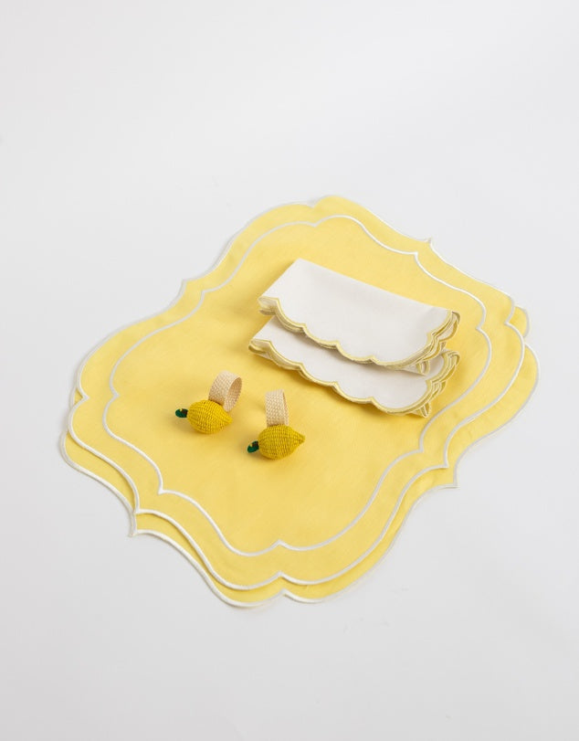 Linen Table Placemat and Napkins Set with Embroidered Scalloped Edges