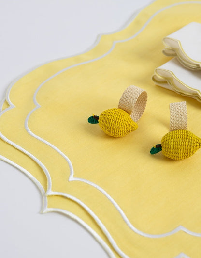 Linen Table Placemat and Napkins Set with Embroidered Scalloped Edges