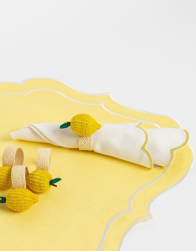 Linen Table Placemat and Napkins Set with Embroidered Scalloped Edges