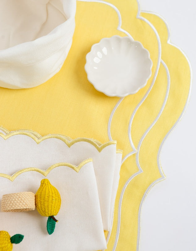 Linen Table Placemat and Napkins Set with Embroidered Scalloped Edges
