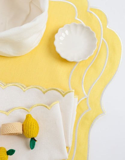 Linen Table Placemat and Napkins Set with Embroidered Scalloped Edges