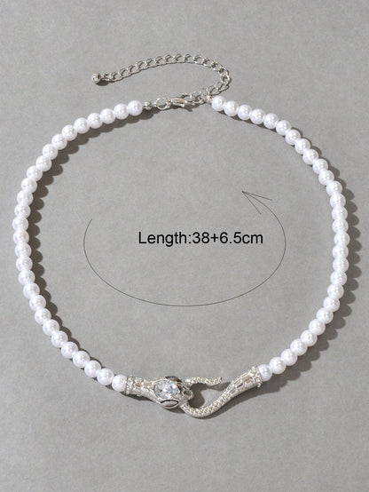 Punk Retro Pearl Beads Chain Gold Silver Snake Short Clavicle Statement Necklace