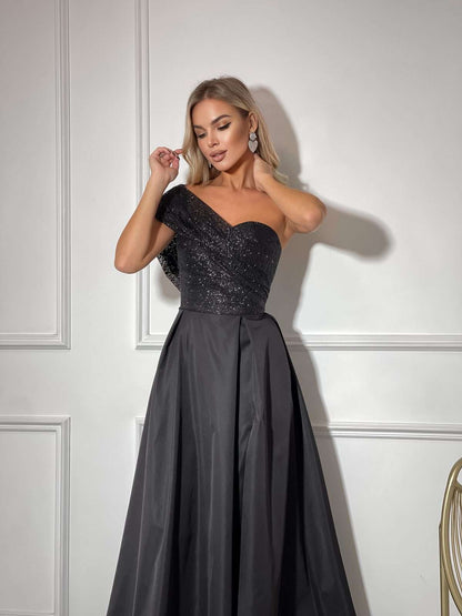 white one shoulder wedding dress with slit