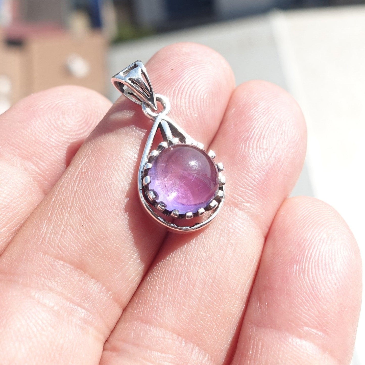 Minimalist Amethyst Silver Pendant, Sterling Silver purple Amethyst Pendant, round shaped Amethyst