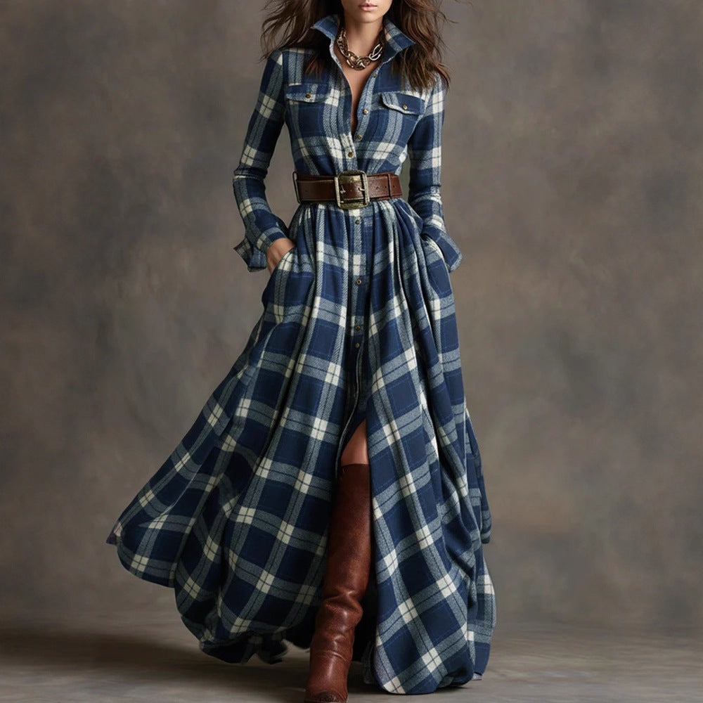 Ins Plaid Print Long-Sleeved Dress Fashion Pockets Collared Buttons Shirt Long Dresses Retro Women's Clothing