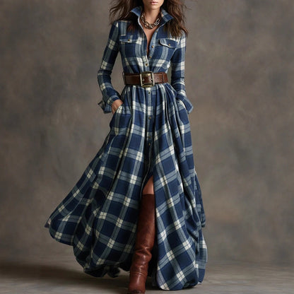 Ins Plaid Print Long-Sleeved Dress Fashion Pockets Collared Buttons Shirt Long Dresses Retro Women's Clothing