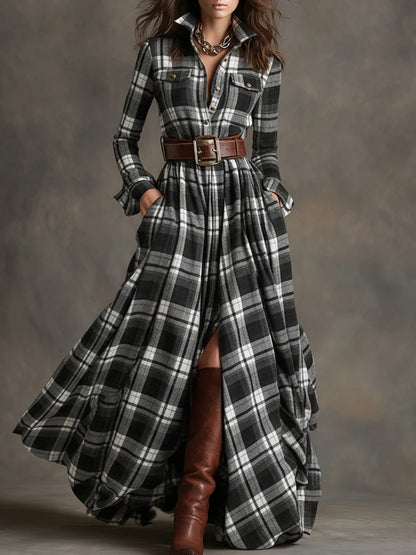 Ins Plaid Print Long-Sleeved Dress Fashion Pockets Collared Buttons Shirt Long Dresses Retro Women's Clothing