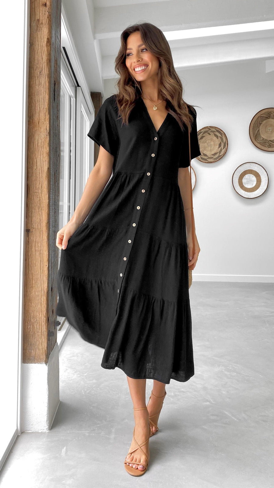Black Linen Button-Down Midi Dress – Tiered Relaxed Fit Dress for Women