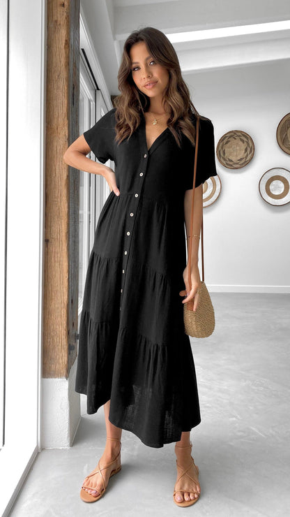 Black Linen Button-Down Midi Dress – Tiered Relaxed Fit Dress for Women