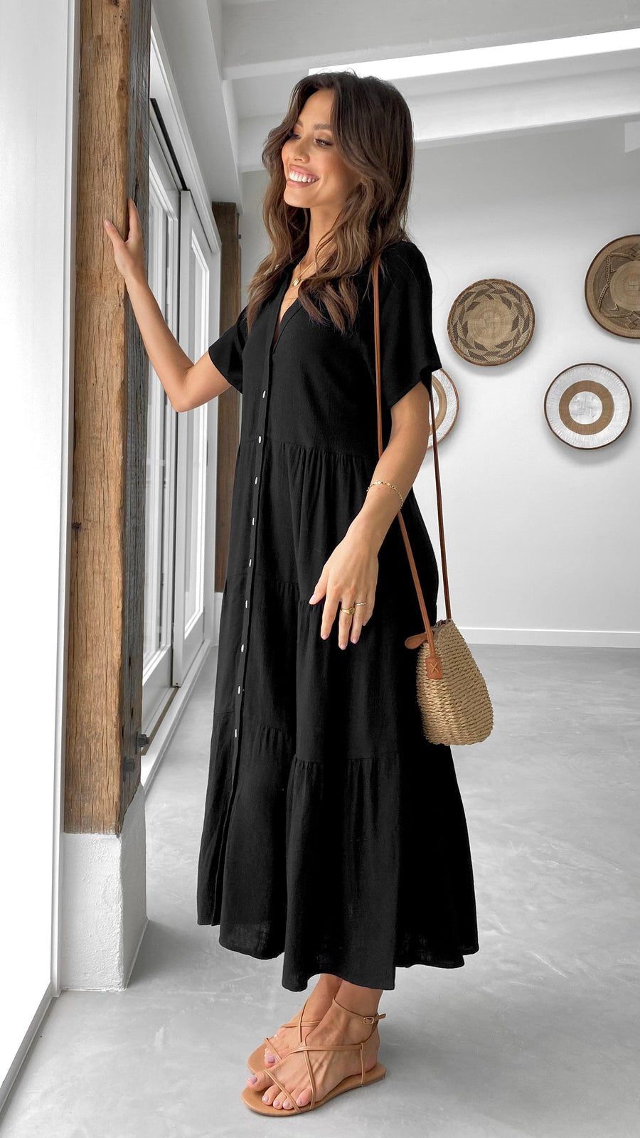 Black Linen Button-Down Midi Dress – Tiered Relaxed Fit Dress for Women